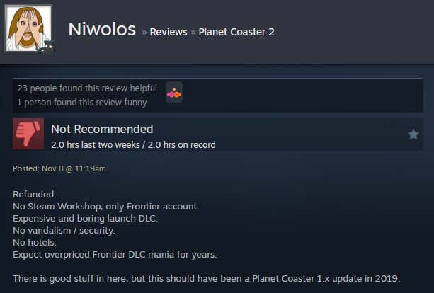 Screenshot showing Steam user reviews of Planet Coaster 2.